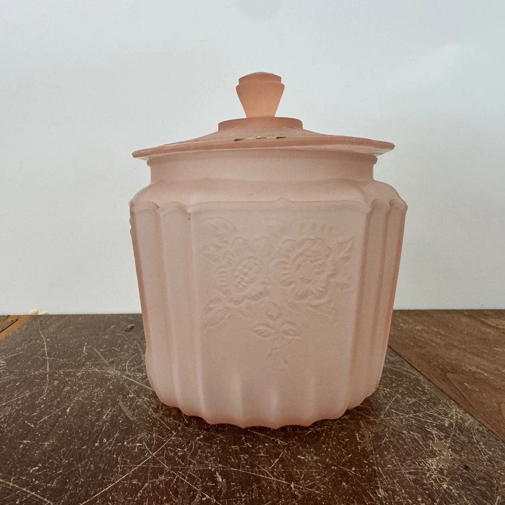 Antique Pink Depression Frosted‎ Satin Glass Biscuit Jar Hand Painted Floral Lid